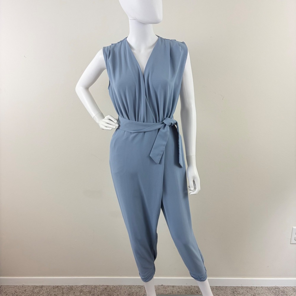 Vici Sleeveless Wrap Front Tie Waist Tapered Leg Jumpsuit Dusty Blue Medium